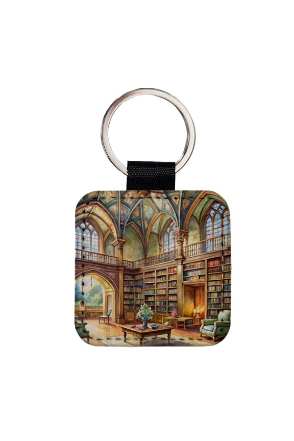 Castle Library Books Reading Watercolor Faux Leather Square Keychain