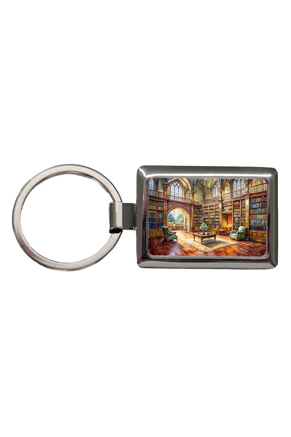 Castle Library Books Reading Watercolor Metal Rectangle Keychain