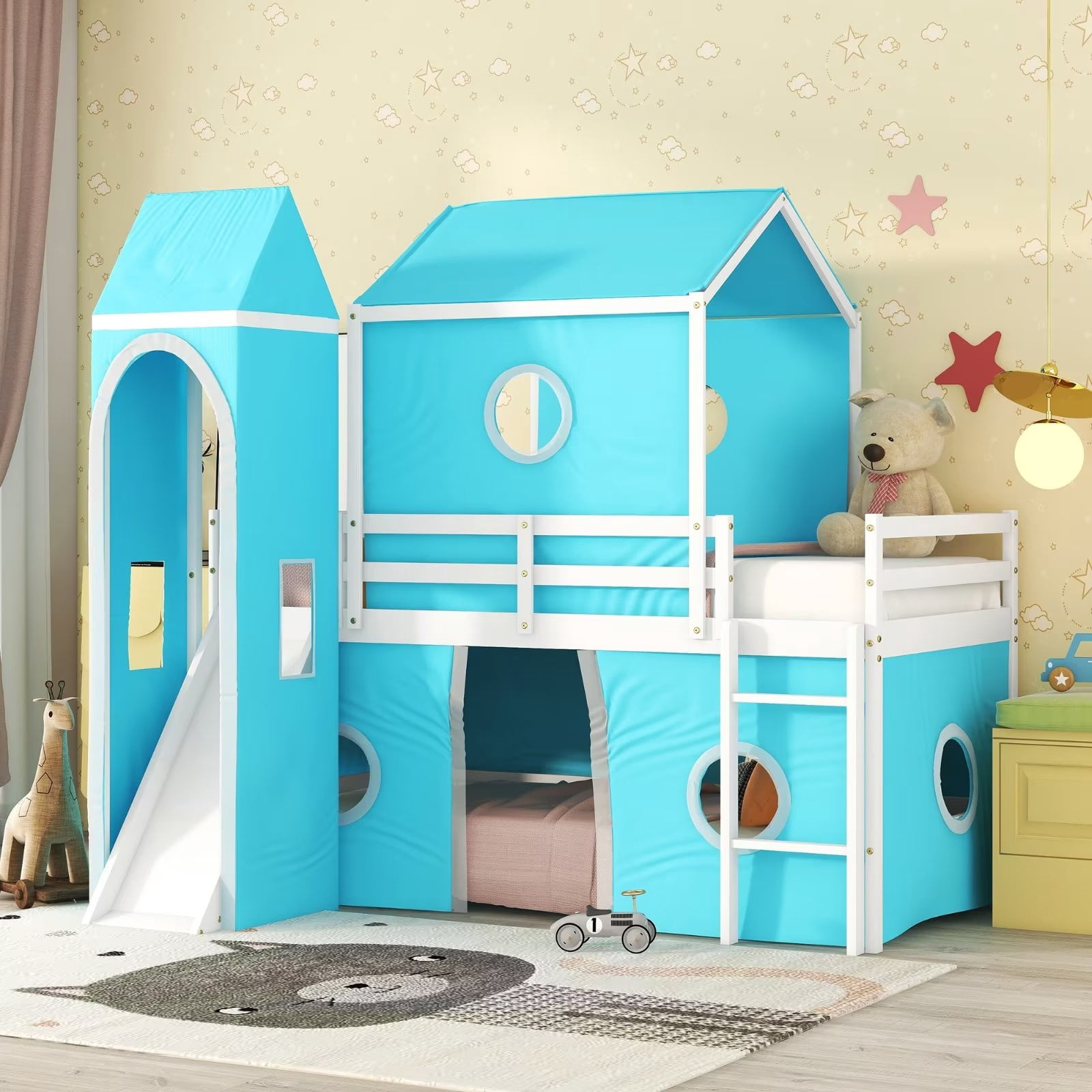 Castle Loft Bed with Slide for Kids, Twin Size Playhouse Bed Frame with