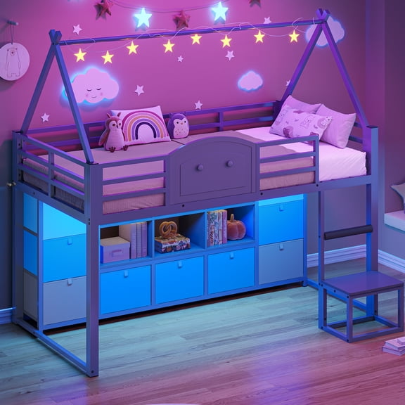 Castle Low Loft Bed with 9 Storage Drawers, Bookshelf & LED Lights, House-Shaped Metal Twin Loft Bed with Step Stool & Guardrail, Featuring Under-Bed Play and Study Area