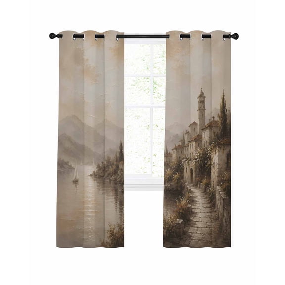 Castle Mountain Blackout Curtains for Bedroom Living Room, Vintage Nostalgia River Castle Rustic Country 39 In Long Thermal Insulated Room Darkening Drapes Grommet Window Treatments, 27.5 x 39 In