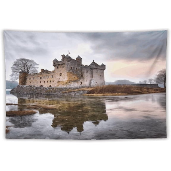 Castle Near Lake Stones Printed Tapestry, Personalized Tapestries Wall Decor for Bedroom Living Room Dorm 60x90 Inches