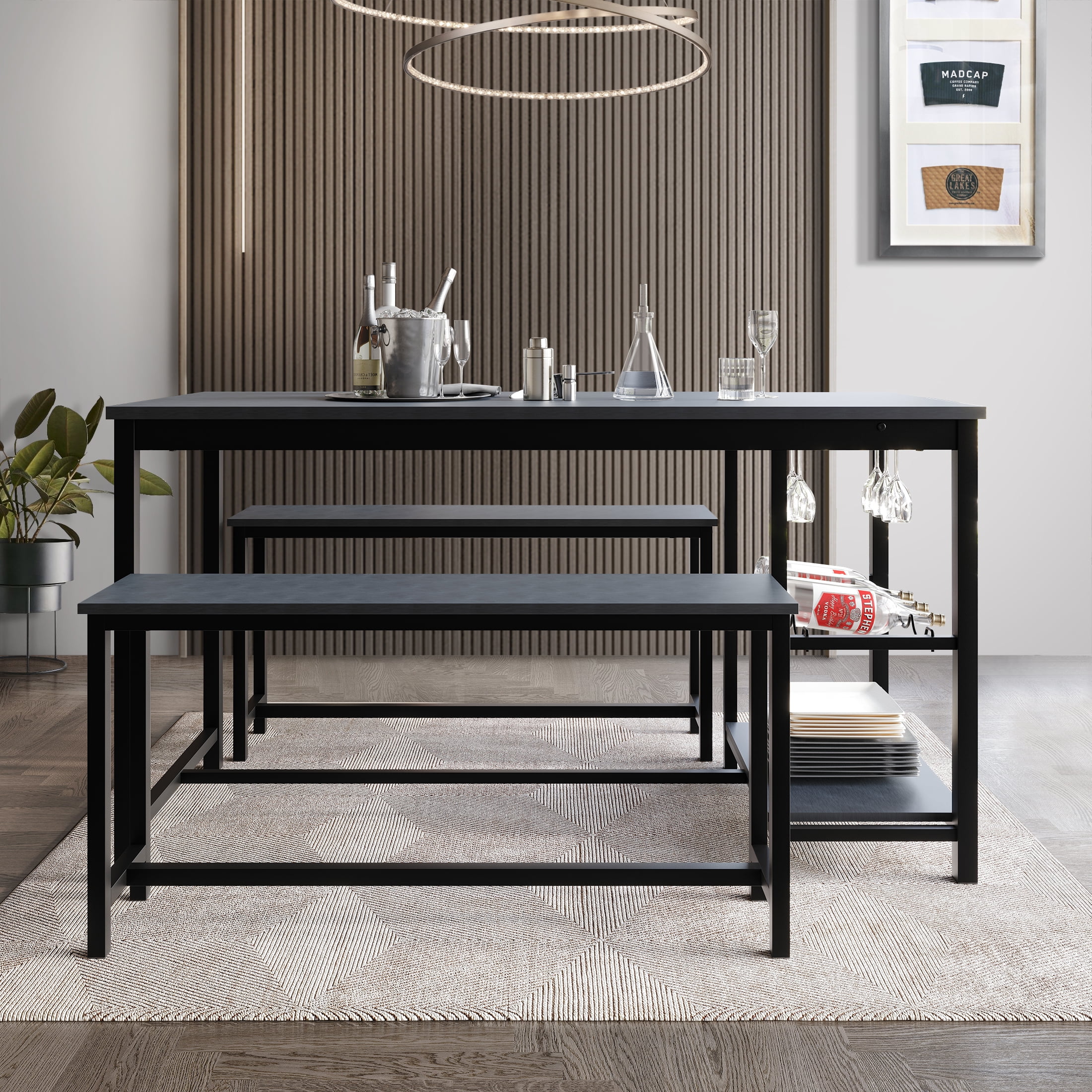 Castle Place 3-Piece Metal Dining Set with Integrated Wine Rack and Shelving, Black