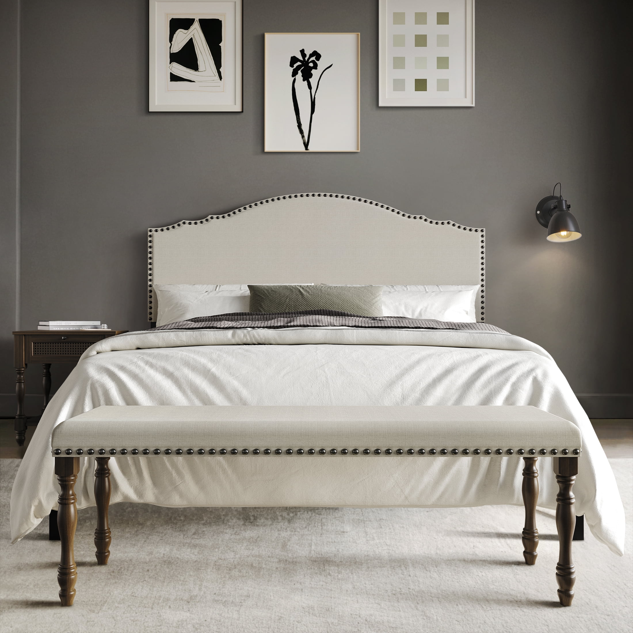 Castle Place 3-Piece Traditional Full Size Bed with Bench and Nightstand, Warm Grey