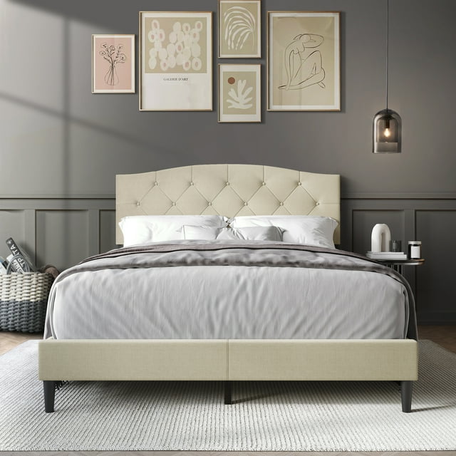 Castle Place Button Tufted Linen Upholstered Platform Bed, Beige, King