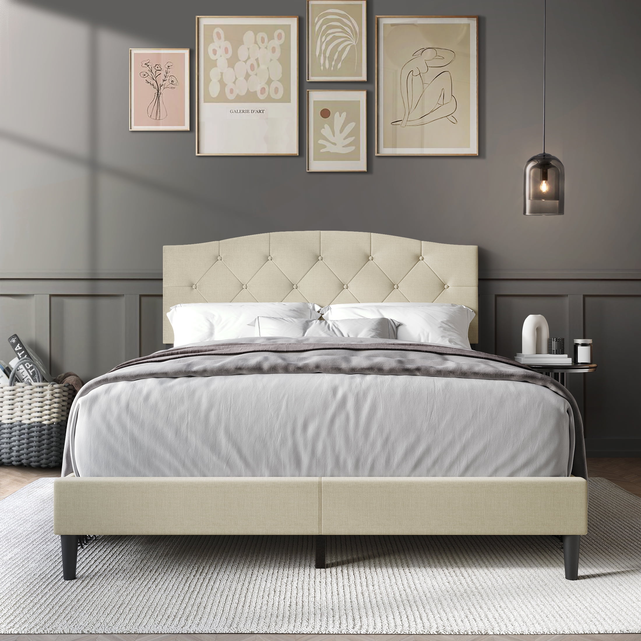 Castle Place Button Tufted Linen Upholstered Platform Bed, Beige, Twin