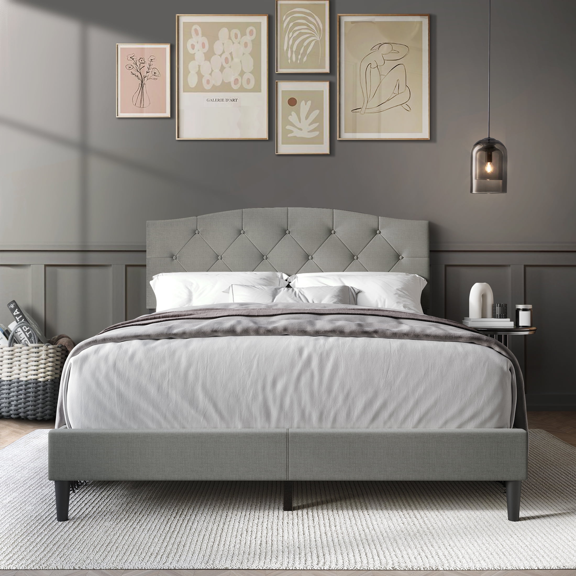 Castle Place Button Tufted Linen Upholstered Platform Bed, Light Grey, Full