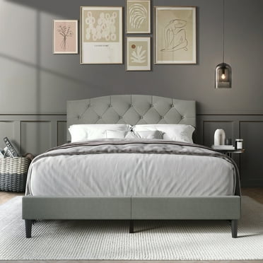 Castle Place Button Tufted Linen Upholstered Platform Bed, Light Grey, Twin