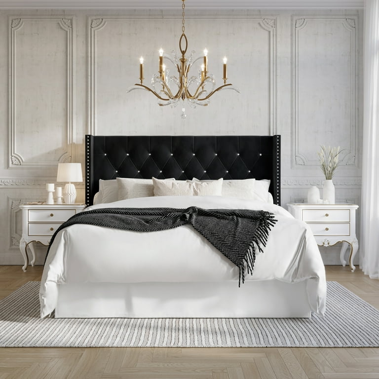 Castle Place Button Tufted Wingback Velvet Upholstered Bed Black Full