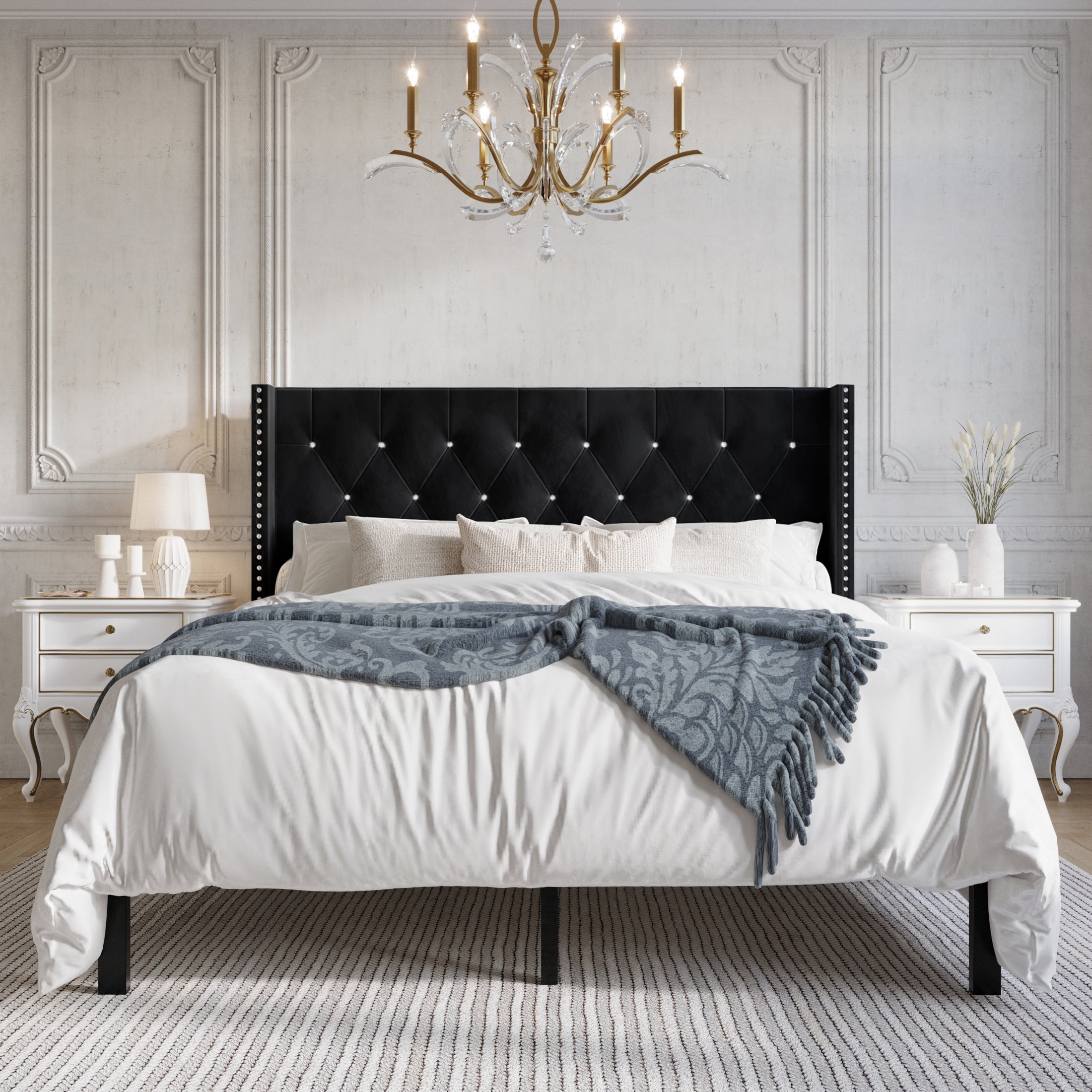 Castle Place Button Tufted Wingback Velvet Upholstered Bed, Black, Full