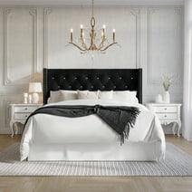 Castle Place Button Tufted Wingback Velvet Upholstered Bed, Black, King