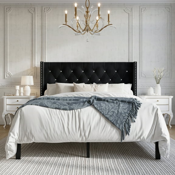 Castle Place Button Tufted Wingback Velvet Upholstered Bed, Black, King