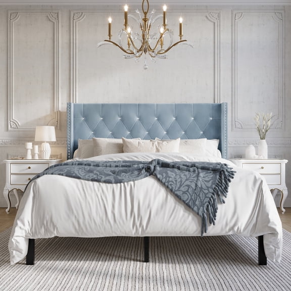 Castle Place Button Tufted Wingback Velvet Upholstered Bed, Light Blue, Queen