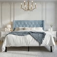 thumbnail image 1 of Castle Place Button Tufted Wingback Velvet Upholstered Bed, Light Blue, Twin, 1 of 9