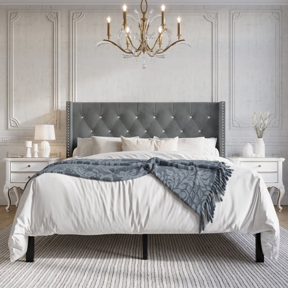 Castle Place Button Tufted Wingback Velvet Upholstered Bed, Light Grey, Full