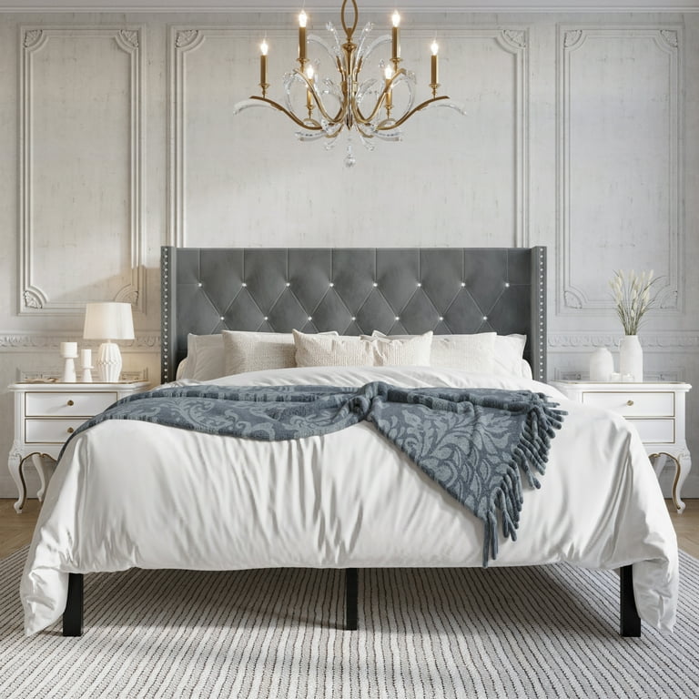 Castle Place Button Tufted Wingback Velvet Upholstered Bed, Light