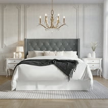 Castle Place Button Tufted Wingback Velvet Upholstered Bed, Light Grey, King