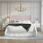 Castle Place Button Tufted Wingback Velvet Upholstered Bed, Light Pink, Queen