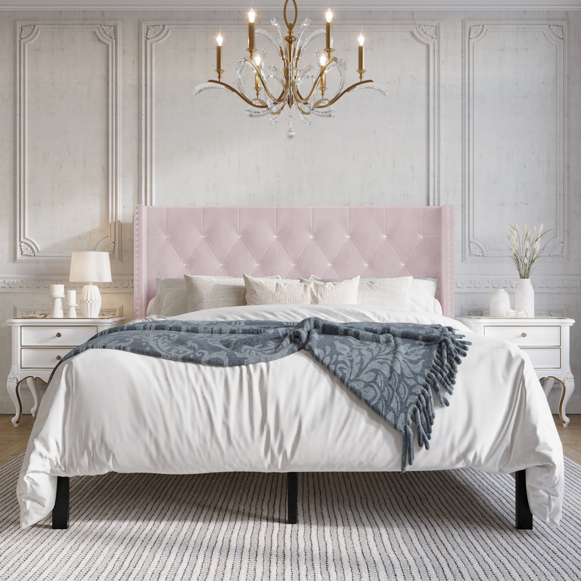 Castle Place Button Tufted Wingback Velvet Upholstered Bed Light Pink Twin