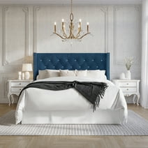 Castle Place Button Tufted Wingback Velvet Upholstered Bed, Navy Blue, Full