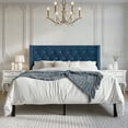 thumbnail image 1 of Castle Place Button Tufted Wingback Velvet Upholstered Bed, Navy Blue, Queen, 1 of 9
