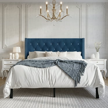 Castle Place Button Tufted Wingback Velvet Upholstered Bed, Navy Blue, Queen