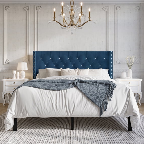 Castle Place Button Tufted Wingback Velvet Upholstered Bed, Navy Blue, Queen