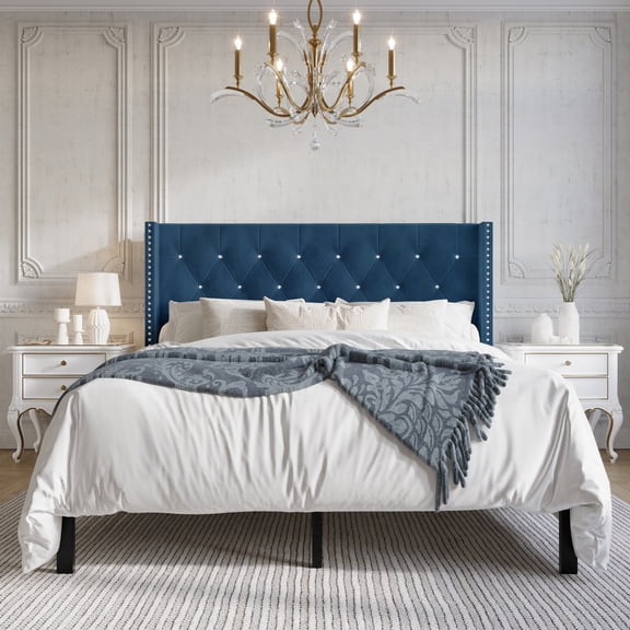 Castle Place Button Tufted Wingback Velvet Upholstered Bed, Navy Blue, Queen
