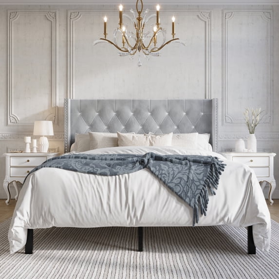 Castle Place Button Tufted Wingback Velvet Upholstered Bed, Silver Grey, Full
