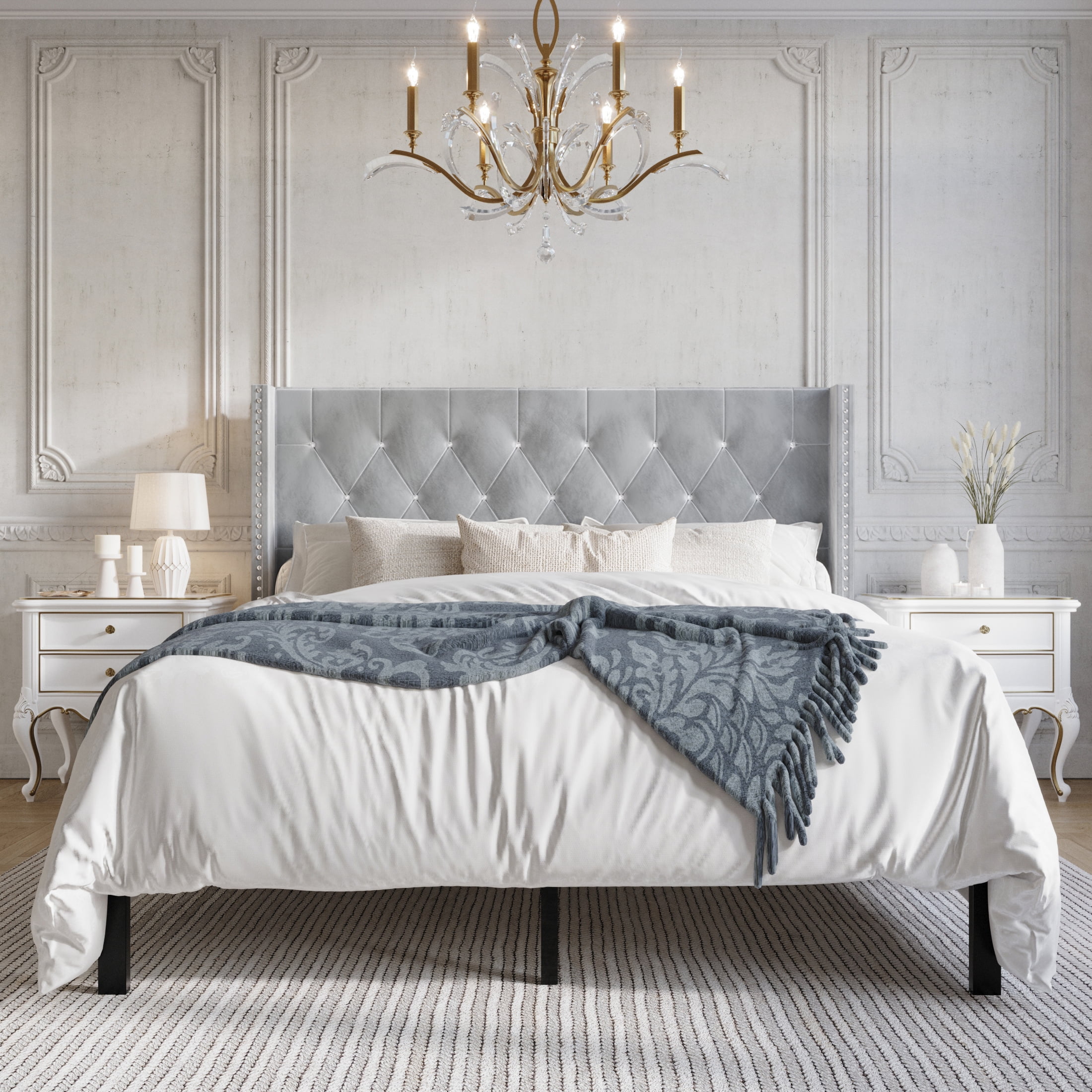 Castle Place Button Tufted Wingback Velvet Upholstered Bed, Silver Grey, King