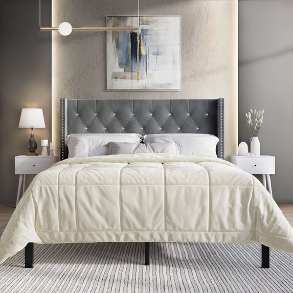 Castle Place Button Tufted Wingback Velvet Upholstered Bed with 2 Nightstand Light Grey, King