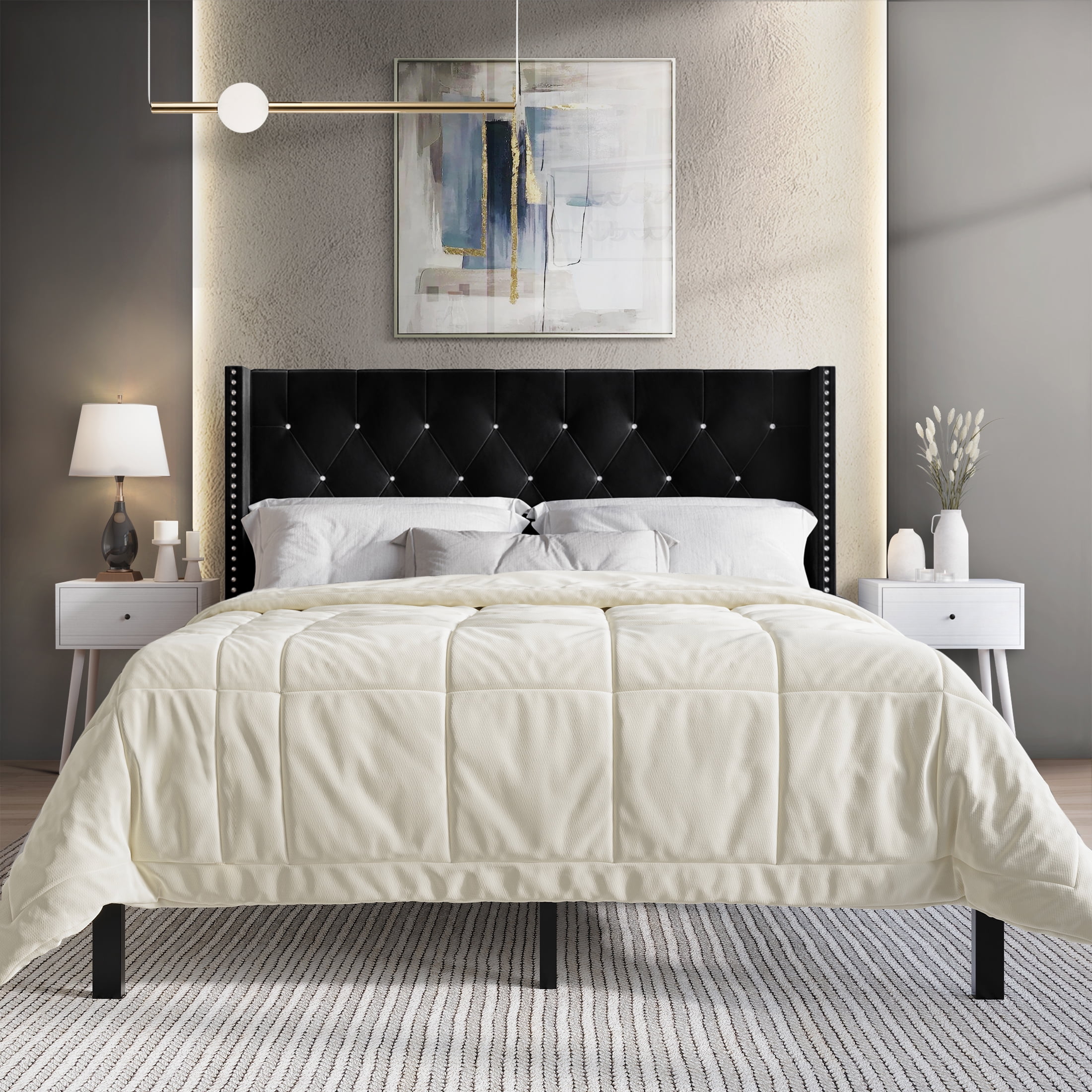 Castle Place Button Tufted Wingback Velvet Upholstered Bed with 2 Nightstands, Black, King
