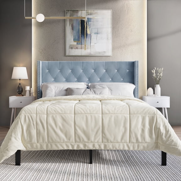 Castle Place Button Tufted Wingback Velvet Upholstered Bed with 2 Nightstands, Light Blue, Full
