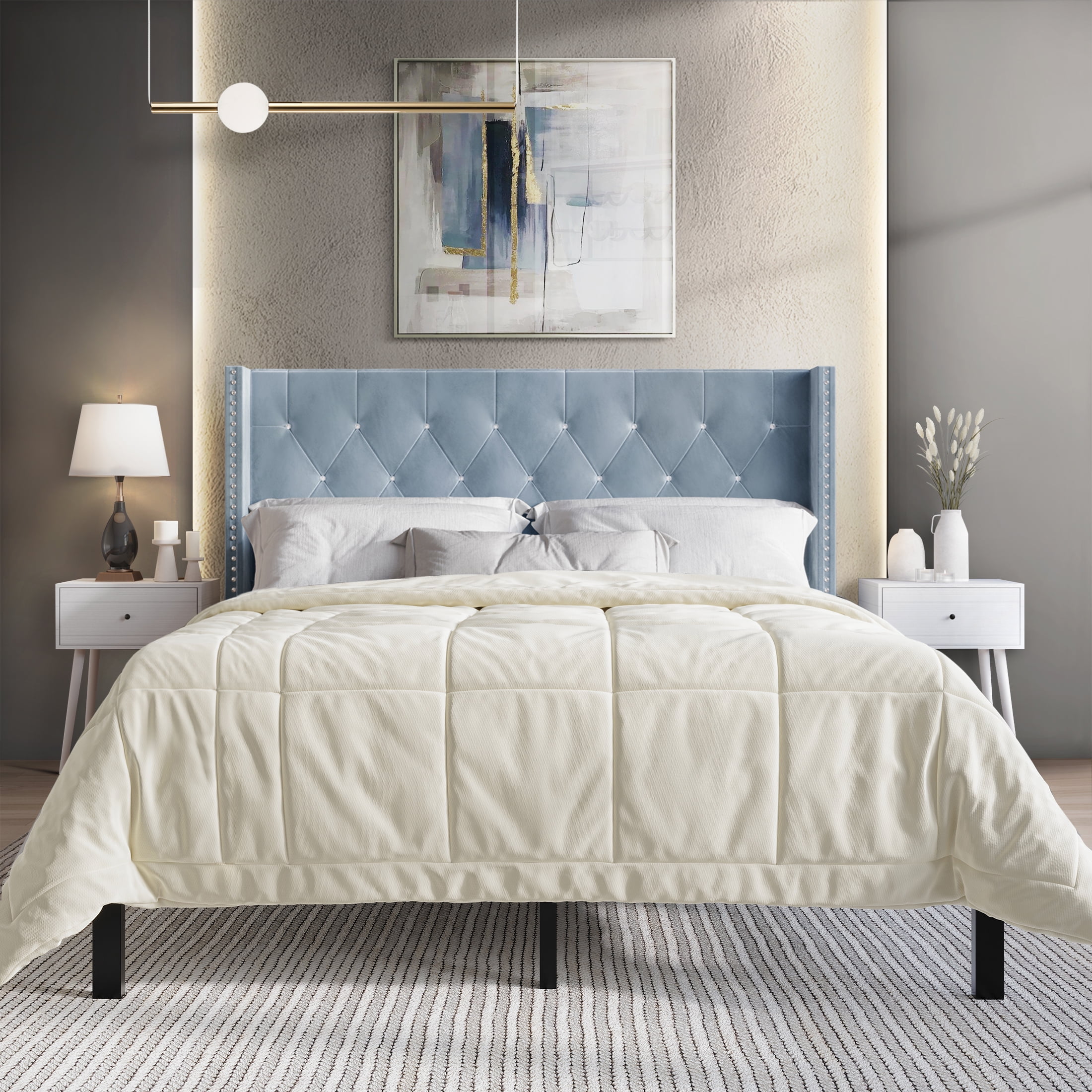 Castle Place Button Tufted Wingback Velvet Upholstered Bed with 2 Nightstands, Light Blue, Queen