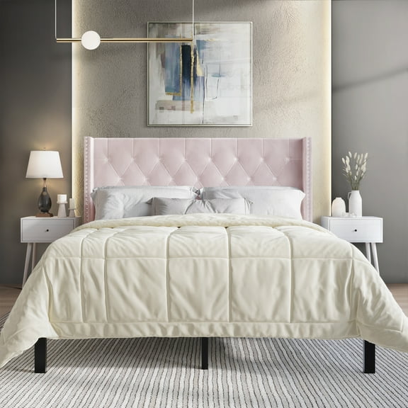 Castle Place Button Tufted Wingback Velvet Upholstered Bed with 2 Nightstands, Light Pink, King