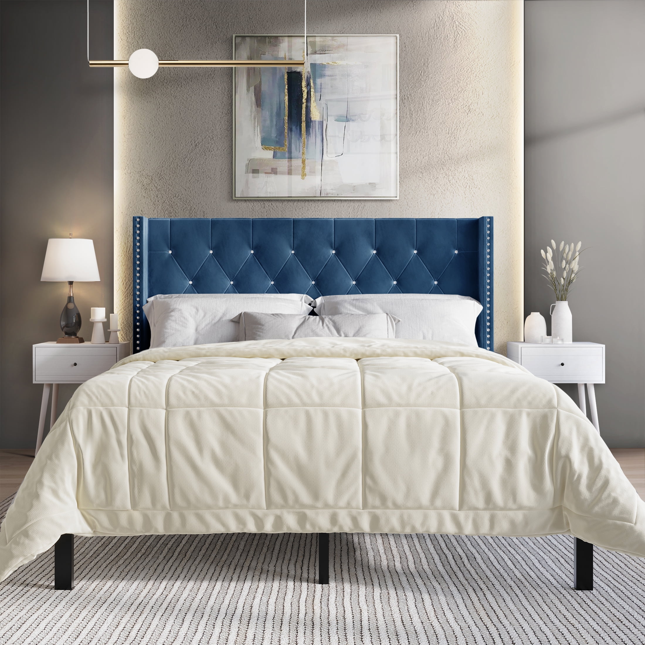 Castle Place Button Tufted Wingback Velvet Upholstered Bed with 2 Nightstands, Navy Blue, King