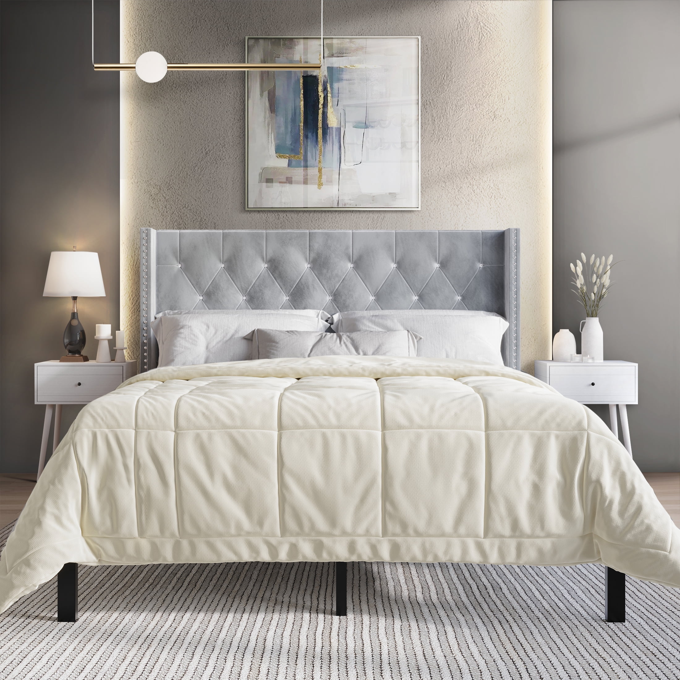 Castle Place Full Size Bed with Button Tufted Wingback Design Velvet Upholstery and 2 Matching Nightstands Silver Grey