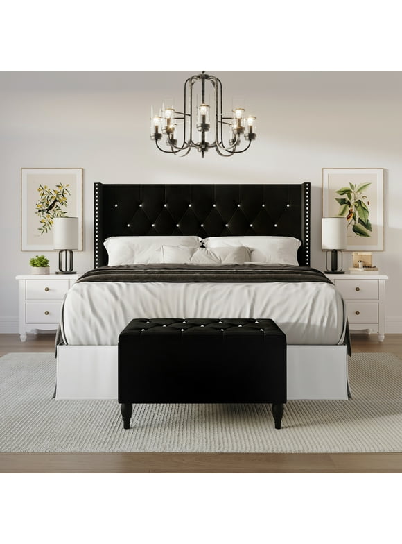 Castle Place Button Tufted Wingback Velvet Upholstered Bed with Storage Bench, Black, Full