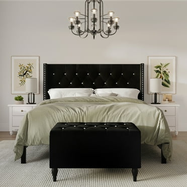Castle Place Button Tufted Wingback Velvet Upholstered Bed with Storage Bench, Black, King