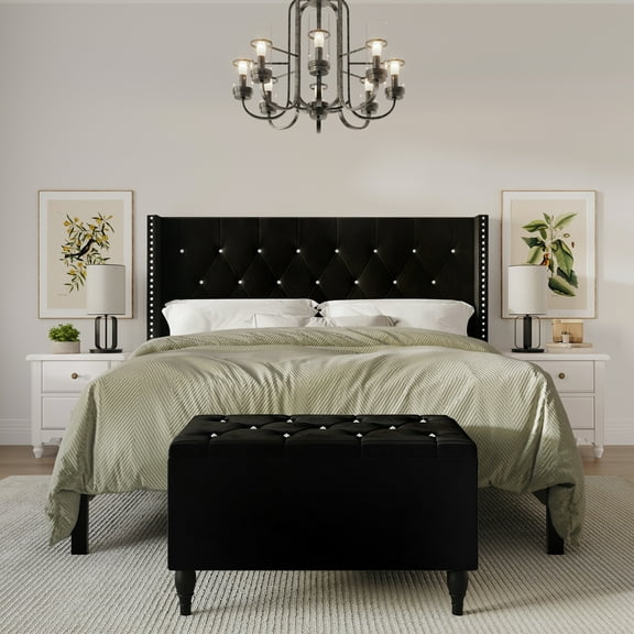 Castle Place Button Tufted Wingback Velvet Upholstered Bed with Storage Bench, Black, Queen