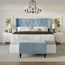 Castle Place Button Tufted Wingback Velvet Upholstered Bed with Storage Bench, Light Blue, Queen