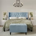 thumbnail image 1 of Castle Place Button Tufted Wingback Velvet Upholstered Bed with Storage Bench, Light Blue, Queen, 1 of 11