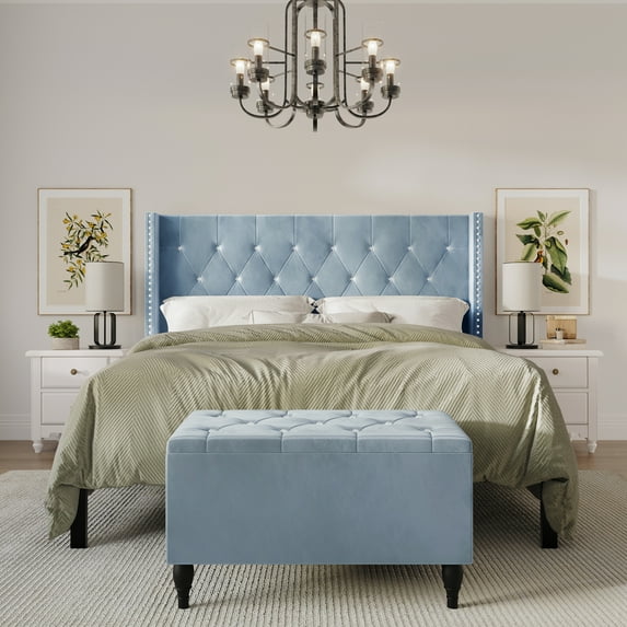 Castle Place Button Tufted Wingback Velvet Upholstered Bed with Storage Bench, Light Blue, Queen