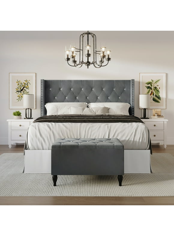 Castle Place Button Tufted Wingback Velvet Upholstered Bed with Storage Bench, Light Grey, King