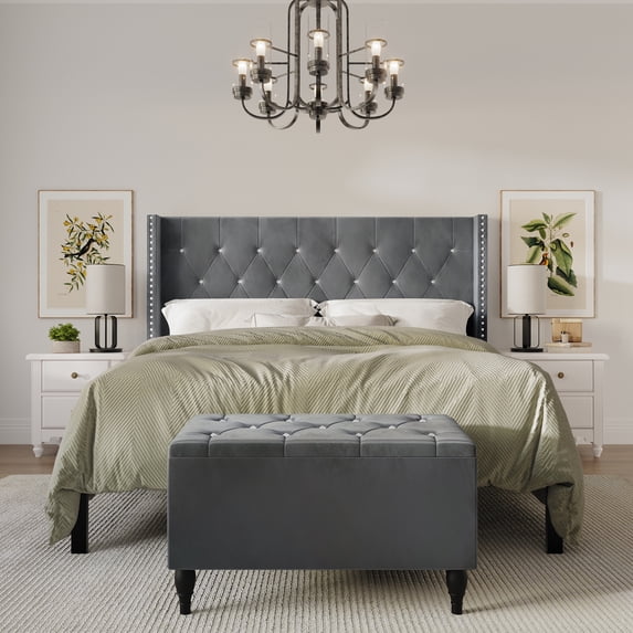 Castle Place Button Tufted Wingback Velvet Upholstered Bed with Storage Bench, Light Grey, King