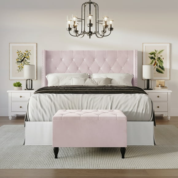 Castle Place Button Tufted Wingback Velvet Upholstered Bed with Storage Bench, Light Pink, King