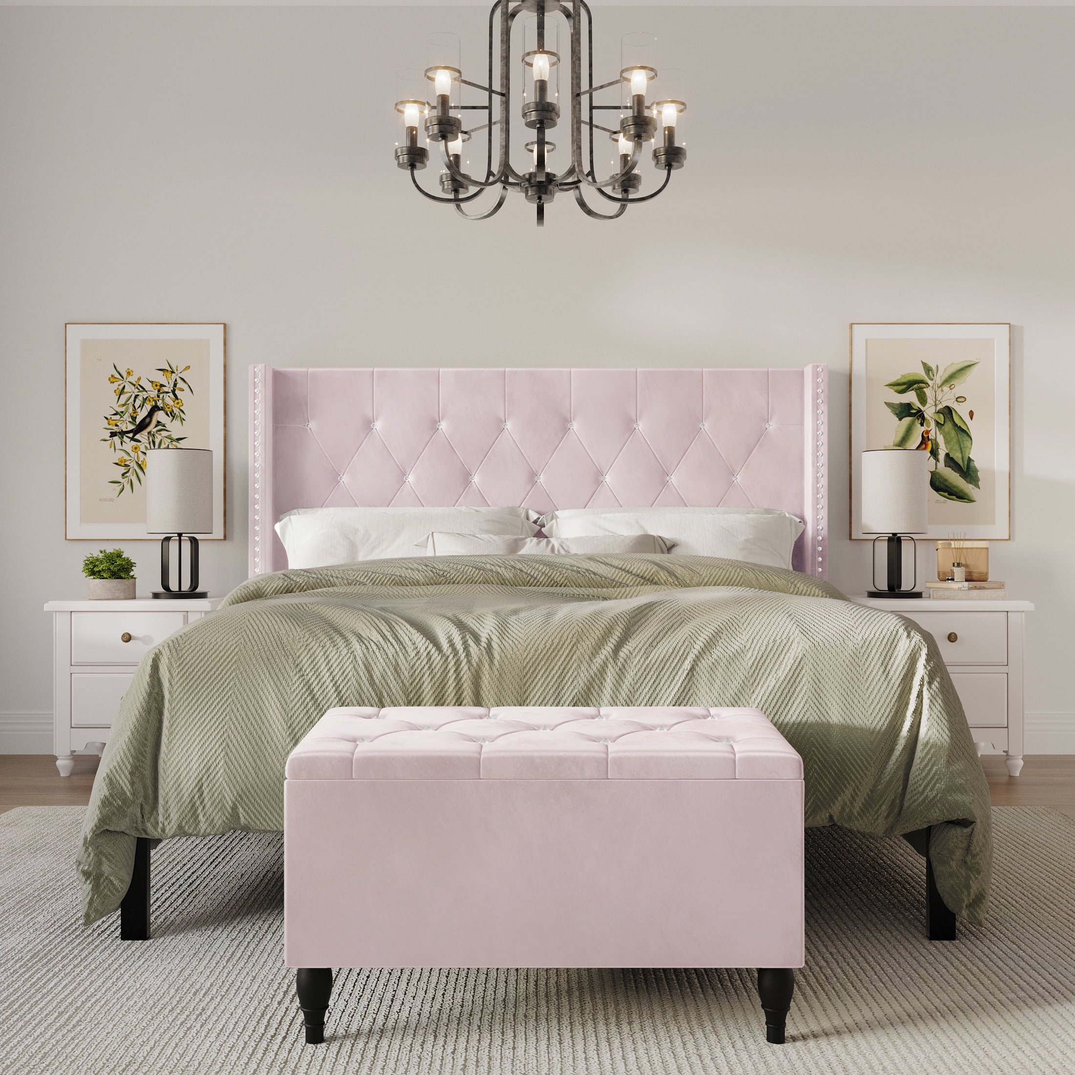 Castle Place Button Tufted Wingback Velvet Upholstered Bed with Storage Bench, Light Pink, King