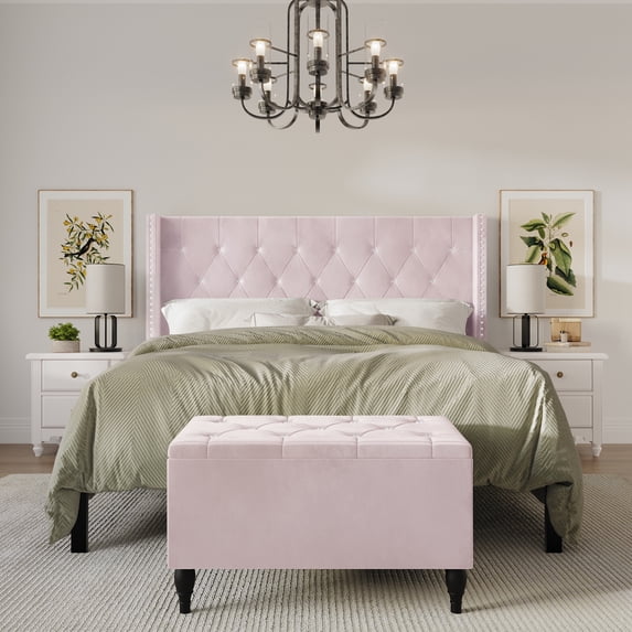 Castle Place Button Tufted Wingback Velvet Upholstered Bed with Storage Bench, Light Pink, King