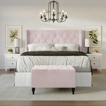 Castle Place Button Tufted Wingback Velvet Upholstered Bed with Storage Bench, Light Pink, Queen