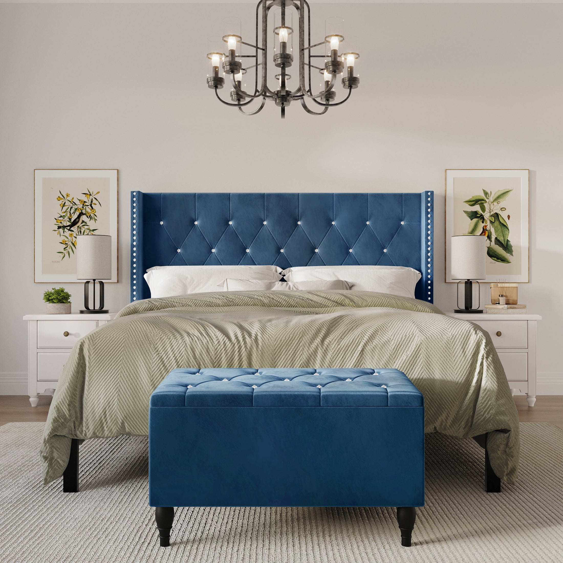 Castle Place Button Tufted Wingback Velvet Upholstered Bed with Storage Bench, Navy Blue, Full
